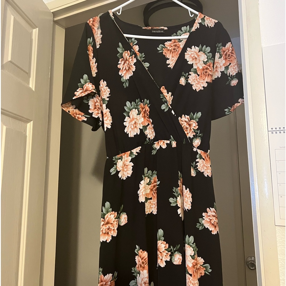 black floral maxi dress with belt